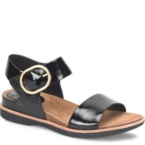 Sofft Women's Bali Flat Sandals Black Patent Leather With Gold Buckles EUC